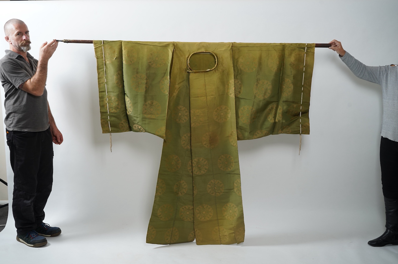 Two 1880-1920 Japanese green silk damask Kariginu, ‘hunting cloth’ robes, worn not as ‘hunting robes’ at this period, but as day wear for high ranking male Imperial Court nobles, traditionally worn with a sash at the wai